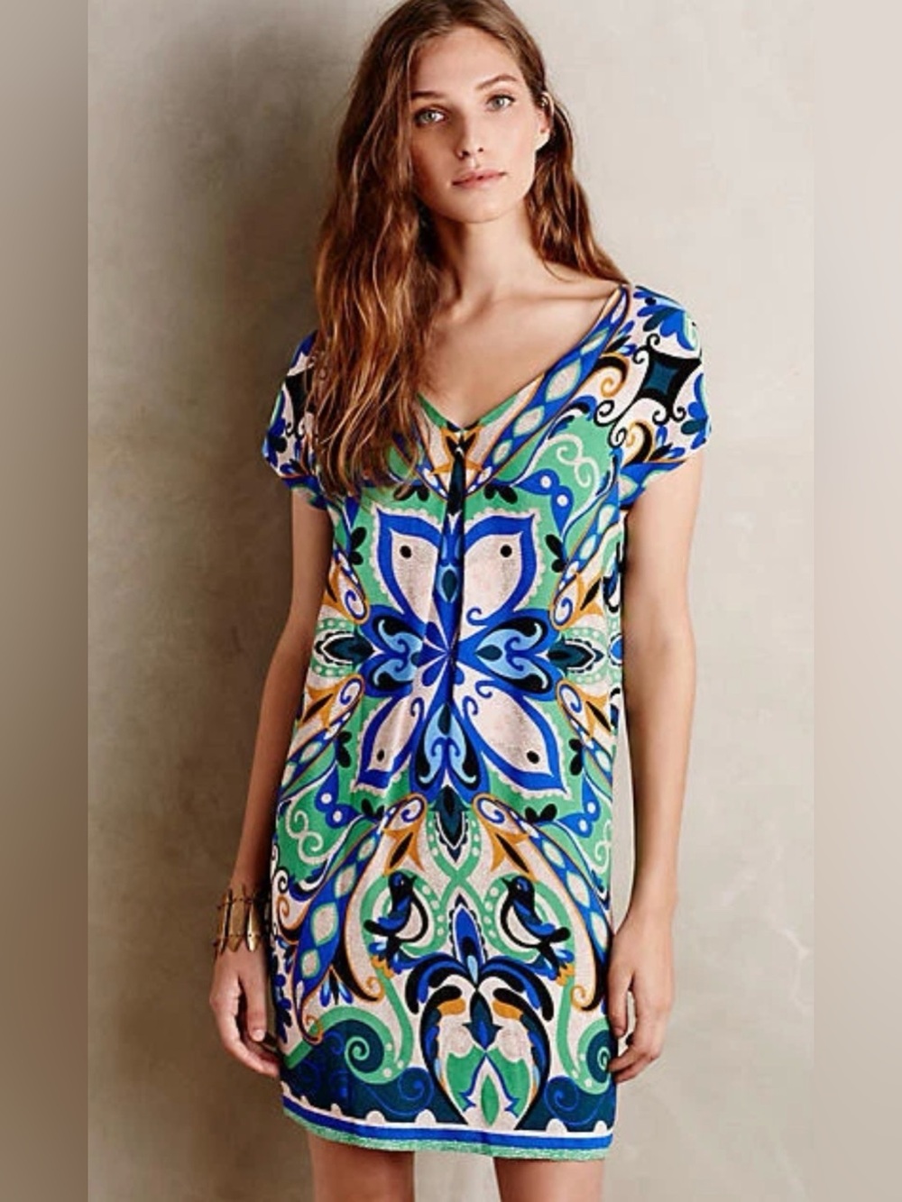 Anthropologie Maeve Folksong Green Blue Multi Paisley V-Neck Shift Dress EUC XS